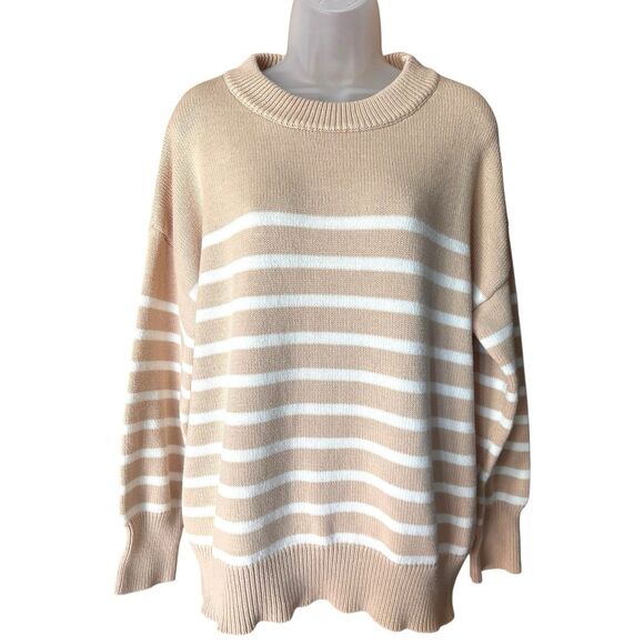 Neutral Beige/White Stripe Crew Neck Pullover Sweater Sz L Classic Minimalist - Picture 1 of 6
